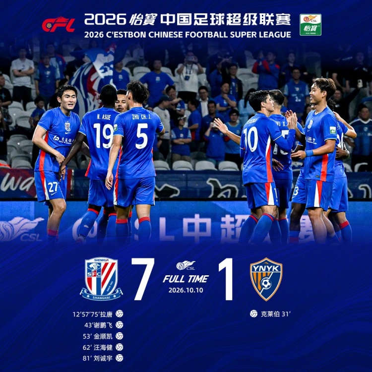 上海申花主场7-1大胜云南玉昆