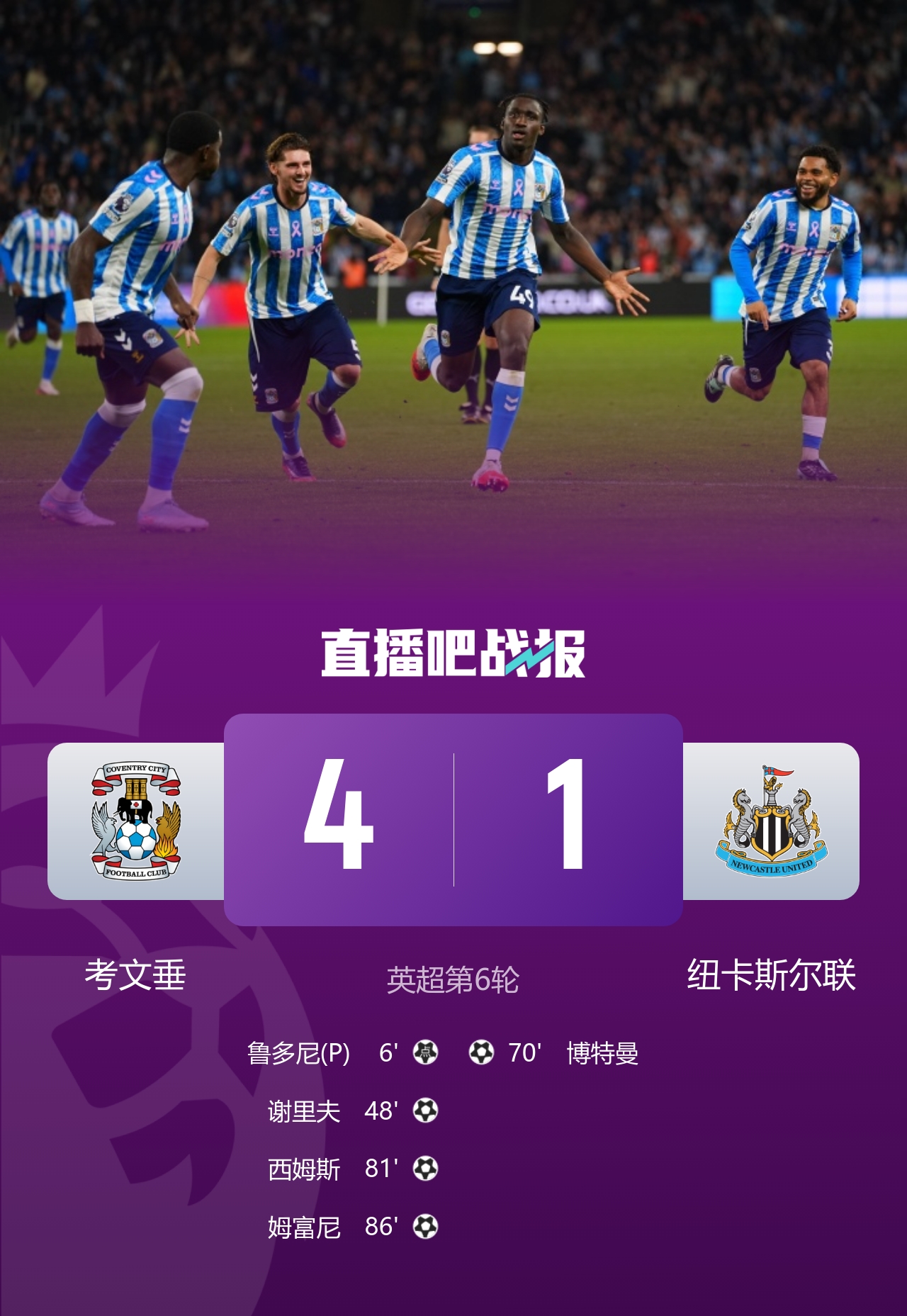 英超-考文垂4-1纽卡 谢里夫破门+造点鲁多尼点射博特曼世界波
