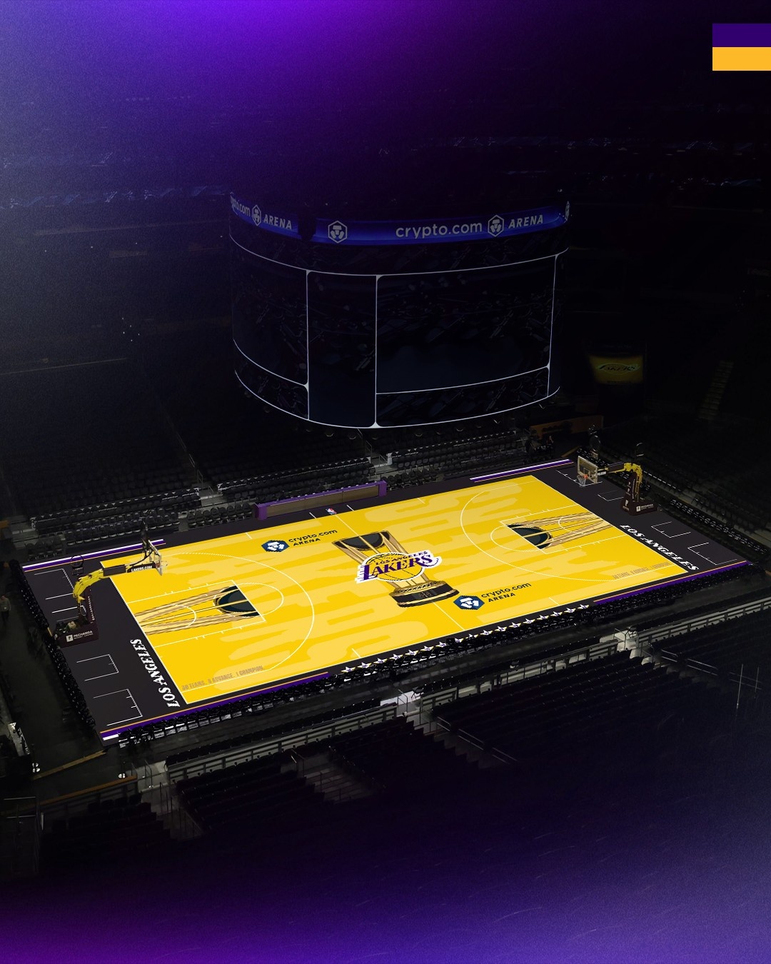 这配色方案如何？湖人官方公布2026年NBA杯专属球场地板设计