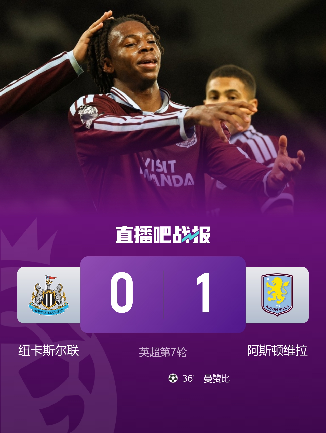 两连败！纽卡0-1维拉遭赛季主场首败 曼赞比连场破门